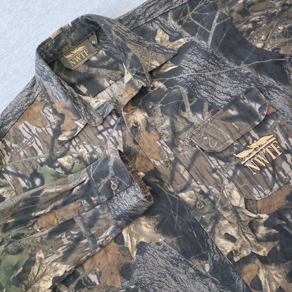 NWTF Whitewater Outdoors Mossy Oak Camo Hunting Shirt Mens XL Made in USA Cotton